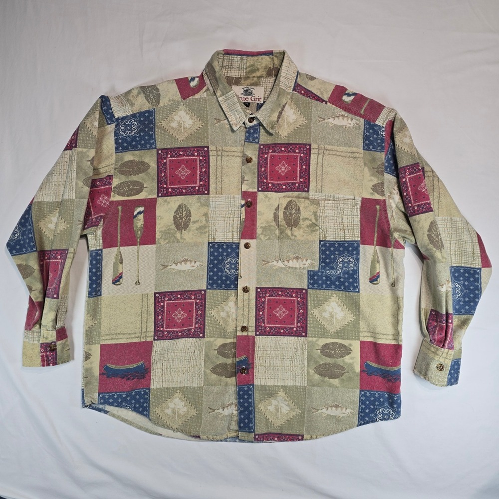True Grit Mens M Patchwork Fishing Canoe Print Cotton Button Down Shirt USA Made